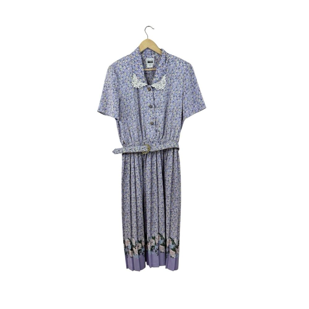 Vintage Leslie Fay 14 Midi Dress Modest Belted Floral Short Sleeve Womens